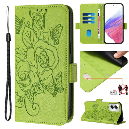 For Motorola Moto G Power 5G 2024 Embossed Rose RFID Anti-theft Leather Phone Case(Green) - Motorola Cases by buy2fix | Online Shopping UK | buy2fix