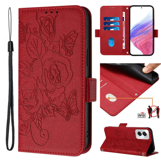 For Motorola Moto G Power 5G 2024 Embossed Rose RFID Anti-theft Leather Phone Case(Red) - Motorola Cases by buy2fix | Online Shopping UK | buy2fix