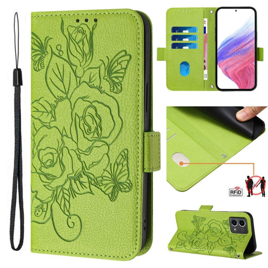 For Motorola Moto G Stylus 5G 2024 Embossed Rose RFID Anti-theft Leather Phone Case(Green) - Motorola Cases by buy2fix | Online Shopping UK | buy2fix