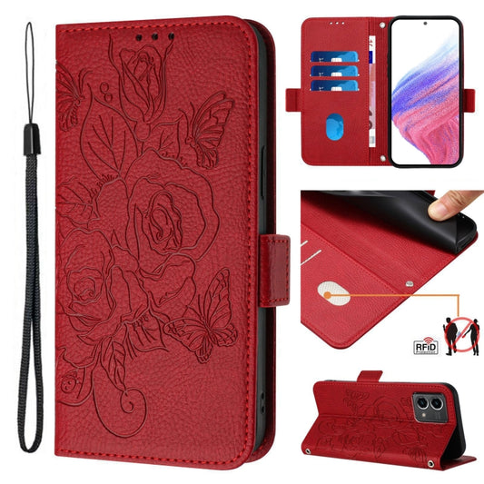 For Motorola Moto G Stylus 5G 2024 Embossed Rose RFID Anti-theft Leather Phone Case(Red) - Motorola Cases by buy2fix | Online Shopping UK | buy2fix