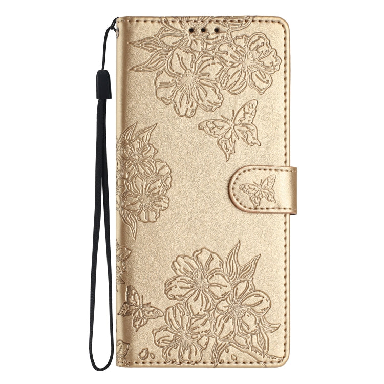 For Samsung Galaxy S25 5G Cherry Blossom Butterfly Skin Feel Embossed PU Phone Case(Gold) - Galaxy S25 5G Cases by buy2fix | Online Shopping UK | buy2fix