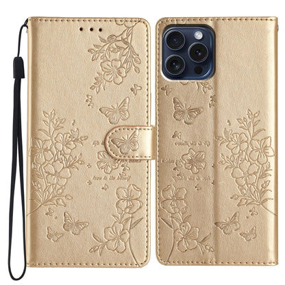 For iPhone 16 Pro Butterflies and Flowers Leather Phone Case(Gold) - iPhone 16 Pro Cases by buy2fix | Online Shopping UK | buy2fix