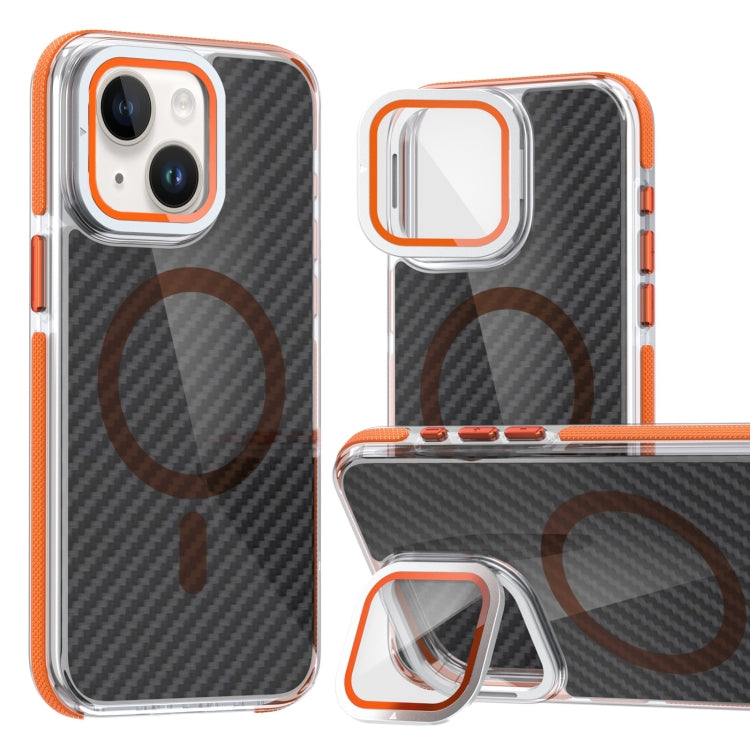 For iPhone 14 Plus Magsafe Dual-Color Carbon Fiber Lens Film Phone Case with Lens Fold Holder(Orange) - iPhone 14 Plus Cases by buy2fix | Online Shopping UK | buy2fix