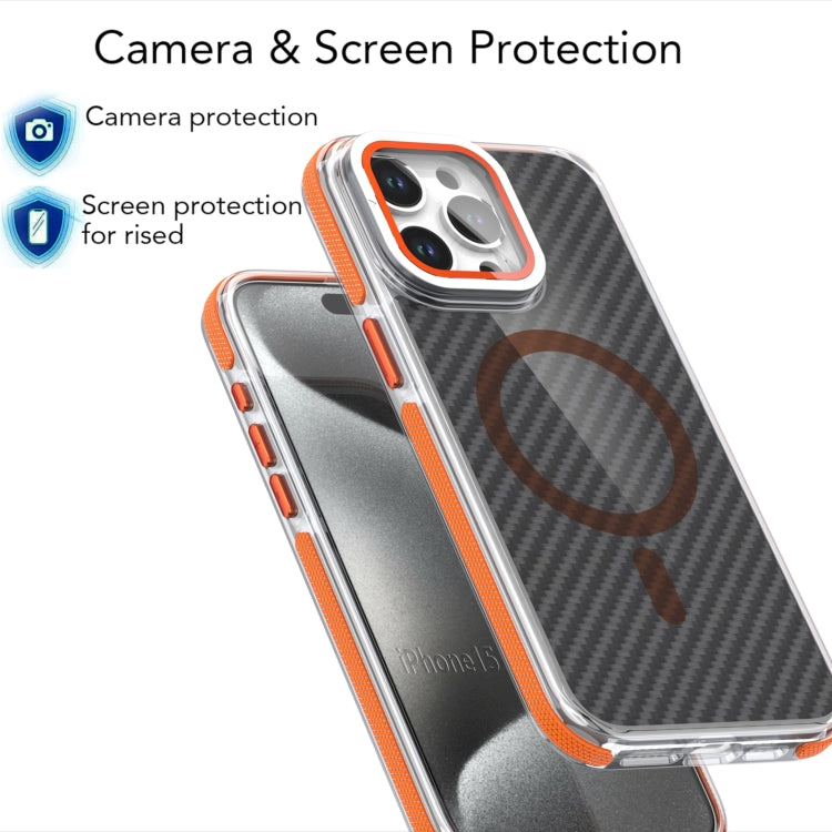 For iPhone 13 Pro Magsafe Dual-Color Carbon Fiber Lens Film Phone Case with Lens Fold Holder(Orange) - iPhone 13 Pro Cases by buy2fix | Online Shopping UK | buy2fix