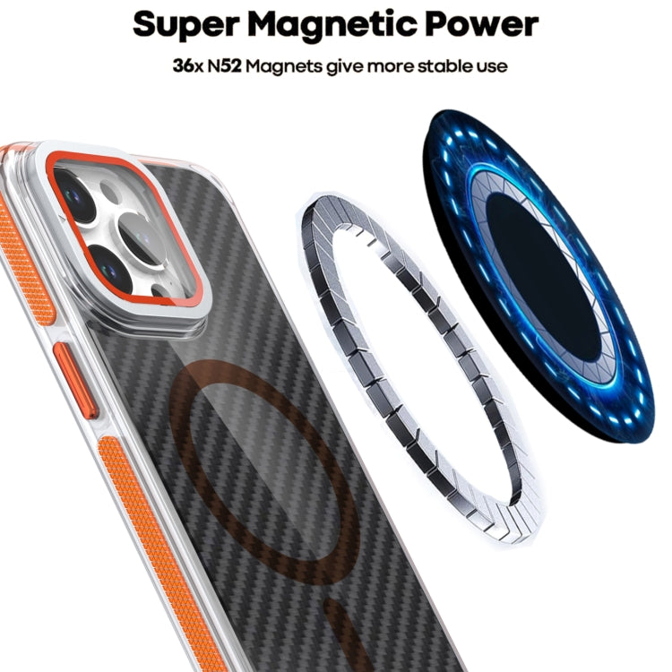 For iPhone 14 Plus Magsafe Dual-Color Carbon Fiber Lens Film Phone Case with Lens Fold Holder(Orange) - iPhone 14 Plus Cases by buy2fix | Online Shopping UK | buy2fix