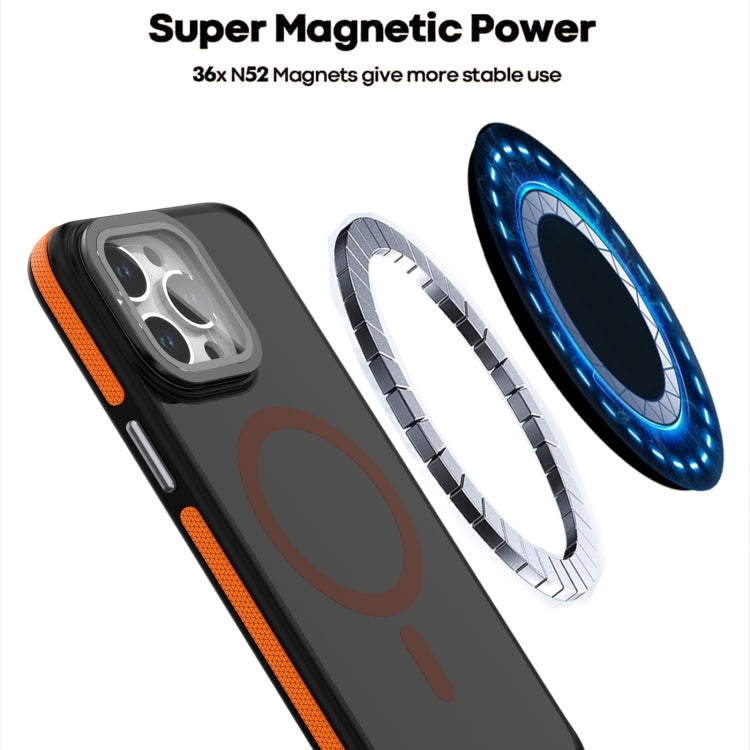 For iPhone 11 Magsafe Dual-Color Skin Feel Lens Film Phone Case with Lens Fold Holder(Orange) - iPhone 11 Cases by buy2fix | Online Shopping UK | buy2fix