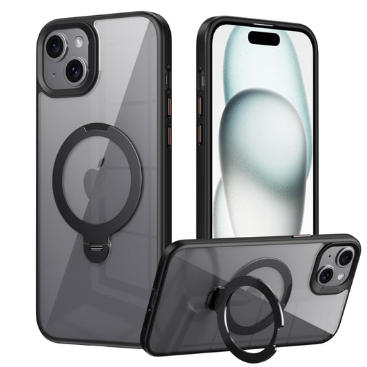 For iPhone 14 Transparent MagSafe Magnetic Rotating Ring Holder Phone Case(Black) - iPhone 14 Cases by buy2fix | Online Shopping UK | buy2fix