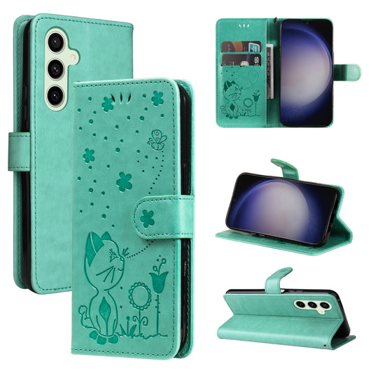 For Samsung Galaxy S25 / S24 5G Cat and Bee Embossed Flip Leather Phone Case(Green) - Galaxy S25 5G Cases by buy2fix | Online Shopping UK | buy2fix