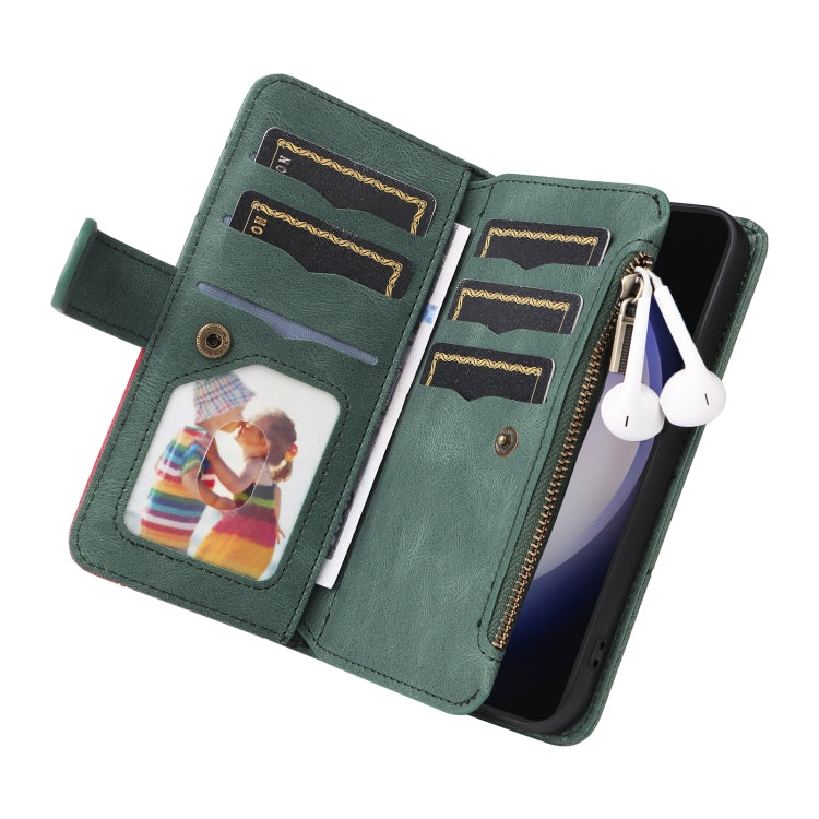 For Samsung Galaxy S25 / S24 5G Dual-color 9 Card Slots Zipper Wallet Leather Phone Case(Green) - Galaxy S25 5G Cases by buy2fix | Online Shopping UK | buy2fix