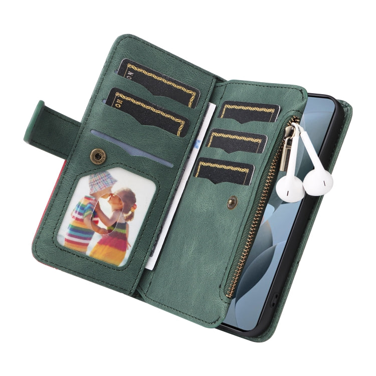 For Redmi K70 Dual-color 9 Card Slots Zipper Wallet Leather Phone Case(Green) - K70 Cases by buy2fix | Online Shopping UK | buy2fix