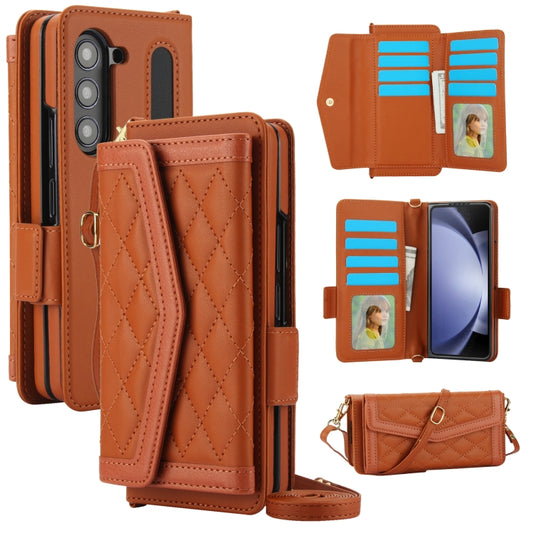 For Samsung Galaxy Z Fold5 Splicing Rhombic Texture Card Holder Phone Case with Lanyard, Not Included Pen(Brown) - Galaxy Z Fold5 Cases by buy2fix | Online Shopping UK | buy2fix