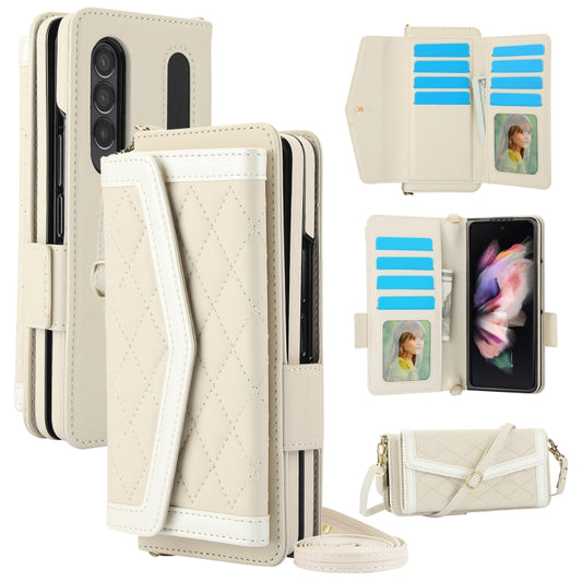 For Samsung Galaxy Z Fold4 Splicing Rhombic Texture Card Holder Phone Case with Lanyard, Not Included Pen(Beige) - Galaxy Z Fold4 5G Cases by buy2fix | Online Shopping UK | buy2fix