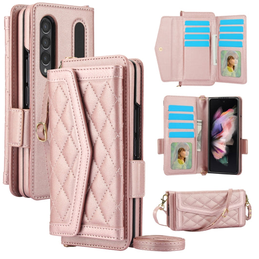 For Samsung Galaxy Z Fold4 Splicing Rhombic Texture Card Holder Phone Case with Lanyard, Not Included Pen(Rose Gold) - Galaxy Z Fold4 5G Cases by buy2fix | Online Shopping UK | buy2fix