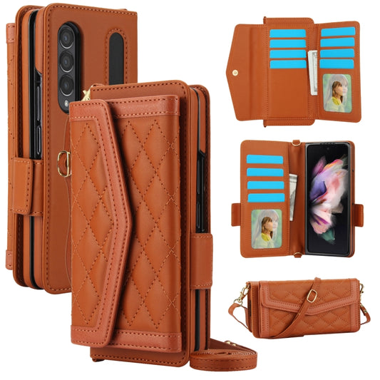 For Samsung Galaxy Z Fold3 5G Splicing Rhombic Texture Card Holder Phone Case with Lanyard, Not Included Pen(Brown) - Galaxy Phone Cases by buy2fix | Online Shopping UK | buy2fix