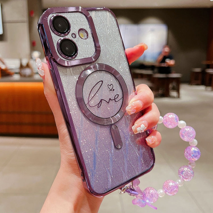 For iPhone 16 Plus Dual-Love Leaves Gradient Glitter Bracelets Magsafe TPU Phone Case(Purple) - iPhone 16 Plus Cases by buy2fix | Online Shopping UK | buy2fix