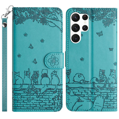 For Samsung Galaxy S25 Ultra 5G Cat Embossing Pattern Leather Phone Case with Lanyard(Blue) - Galaxy S25 Ultra 5G Cases by buy2fix | Online Shopping UK | buy2fix