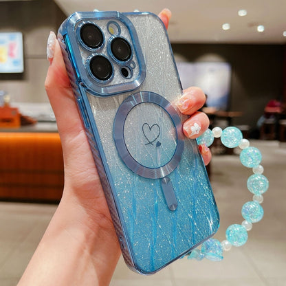 For iPhone 15 Pro Max Loves Leaves Gradient Glitter Bracelets Carbon Fiber Magsafe TPU Phone Case(Blue) - iPhone 15 Pro Max Cases by buy2fix | Online Shopping UK | buy2fix