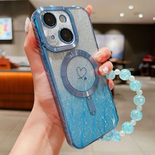 For iPhone 15 Loves Leaves Gradient Glitter Bracelets Carbon Fiber Magsafe TPU Phone Case(Blue) - iPhone 15 Cases by buy2fix | Online Shopping UK | buy2fix