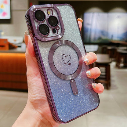 For iPhone 14 Pro Loves Gradient Glitter Carbon Fiber Magsafe TPU Phone Case(Purple) - iPhone 14 Pro Cases by buy2fix | Online Shopping UK | buy2fix