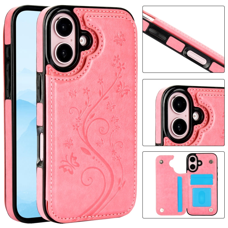 For iPhone 16 Plus Double Buckle Butterfly Embossing PU Phone Case(Pink) - iPhone 16 Plus Cases by buy2fix | Online Shopping UK | buy2fix