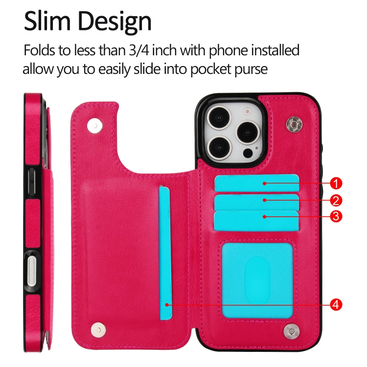 For iPhone 16 Pro Double Buckle Crazy Horse Texture PU Phone Case(Rose Red) - iPhone 16 Pro Cases by buy2fix | Online Shopping UK | buy2fix