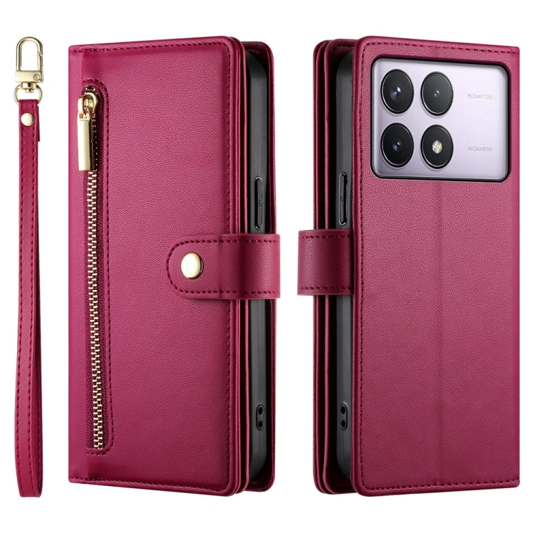 For Redmi K70 Nine Card-slot Zipper Wallet Bag Leather Phone Case(Red) - K70 Cases by buy2fix | Online Shopping UK | buy2fix