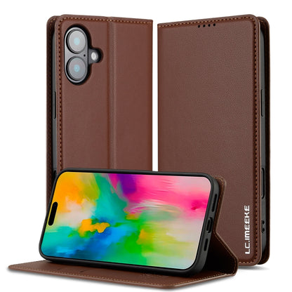 For iPhone 16 Plus LC.IMEEKE L1 Series Frosted Fine Texture PU Phone Case(Brown) - iPhone 16 Plus Cases by LC.IMEEKE | Online Shopping UK | buy2fix