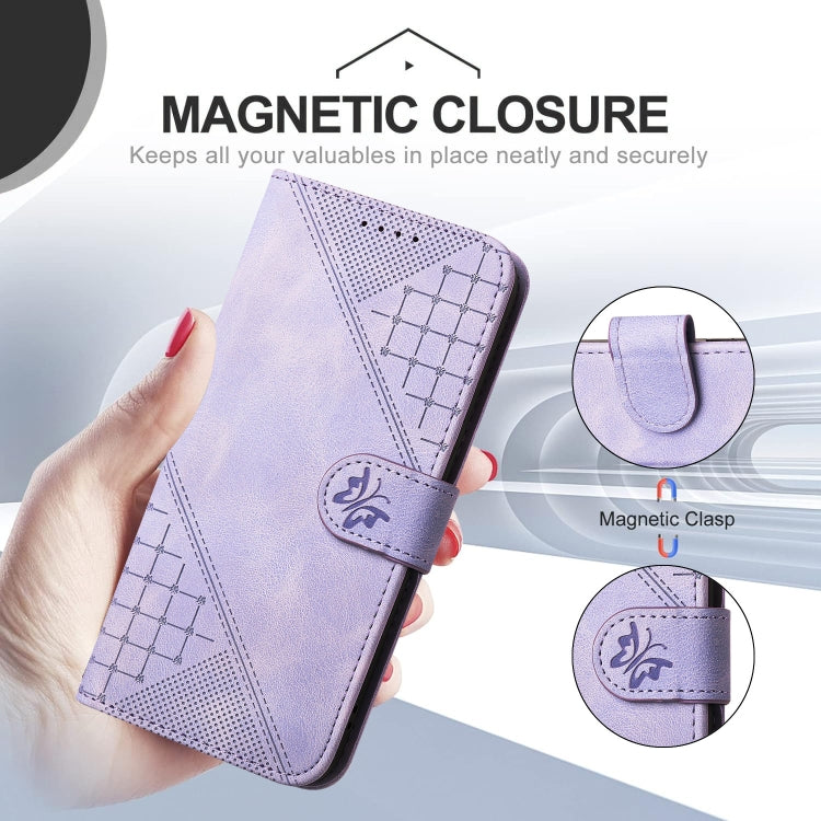 For Redmi K70 YX0080 Grid Butterfly Embossed Pattern Flip Leather Phone Case with Lanyard(Light Purple) - K70 Cases by buy2fix | Online Shopping UK | buy2fix