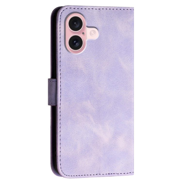 For iPhone 16 YX0080 Grid Butterfly Embossed Pattern Flip Leather Phone Case with Lanyard(Light Purple) - iPhone 16 Cases by buy2fix | Online Shopping UK | buy2fix