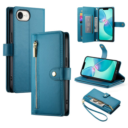 For iPhone SE 4 2024 Nine Card-slot Zipper Wallet Bag Leather Phone Case(Blue) - More iPhone Cases by buy2fix | Online Shopping UK | buy2fix