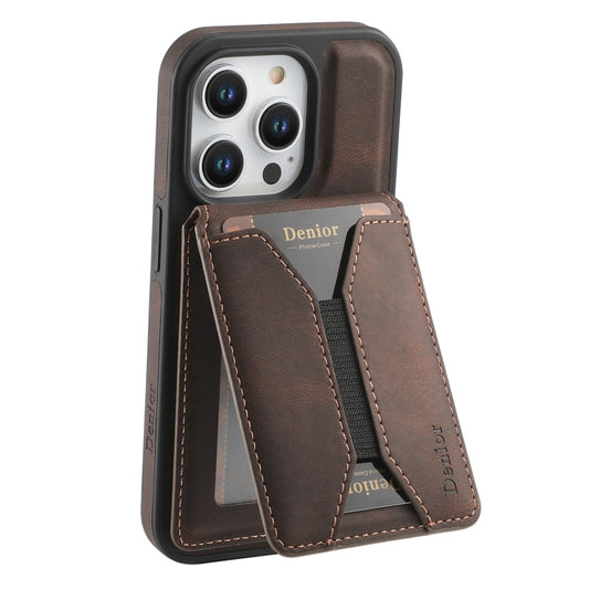 For iPhone 14 Pro Denior D18 Skin Feel Rotating Holder MagSafe Detachable Card Slot Phone Case(Brown) - iPhone 14 Pro Cases by Denior | Online Shopping UK | buy2fix