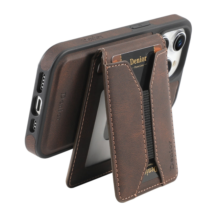 For iPhone 15 Denior D18 Skin Feel Rotating Holder MagSafe Detachable Card Slot Phone Case(Brown) - iPhone 15 Cases by Denior | Online Shopping UK | buy2fix