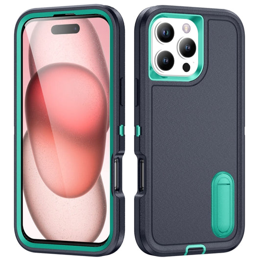 For iPhone 16 Pro Max Rugged PC + Silicone Phone Case with Holder(Dark Blue+Light Green) - iPhone 16 Pro Max Cases by buy2fix | Online Shopping UK | buy2fix