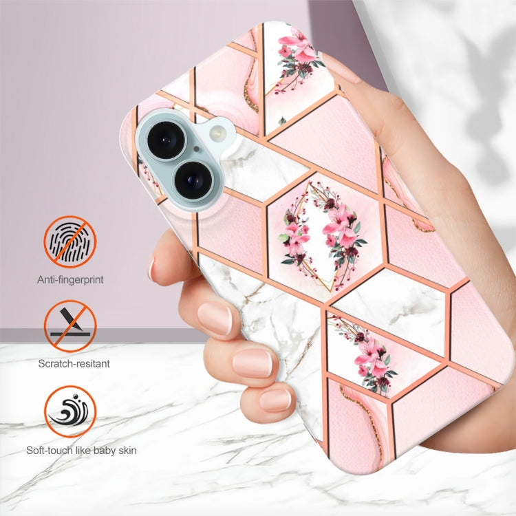 For iPhone 16 Plus Splicing Marble Flower IMD TPU Phone Case(Pink Flower) - iPhone 16 Plus Cases by buy2fix | Online Shopping UK | buy2fix