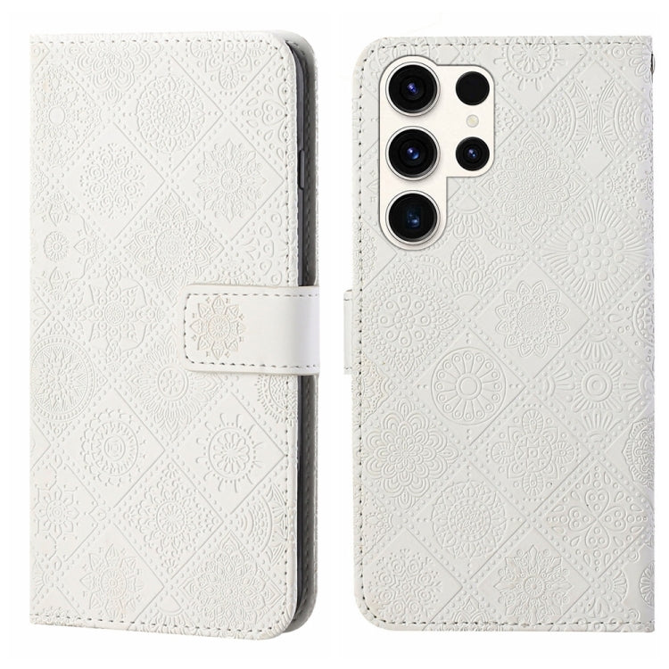 For Samsung Galaxy S25 Ultra 5G Ethnic Style Embossed Pattern Leather Phone Case(White) - Galaxy S25 Ultra 5G Cases by buy2fix | Online Shopping UK | buy2fix