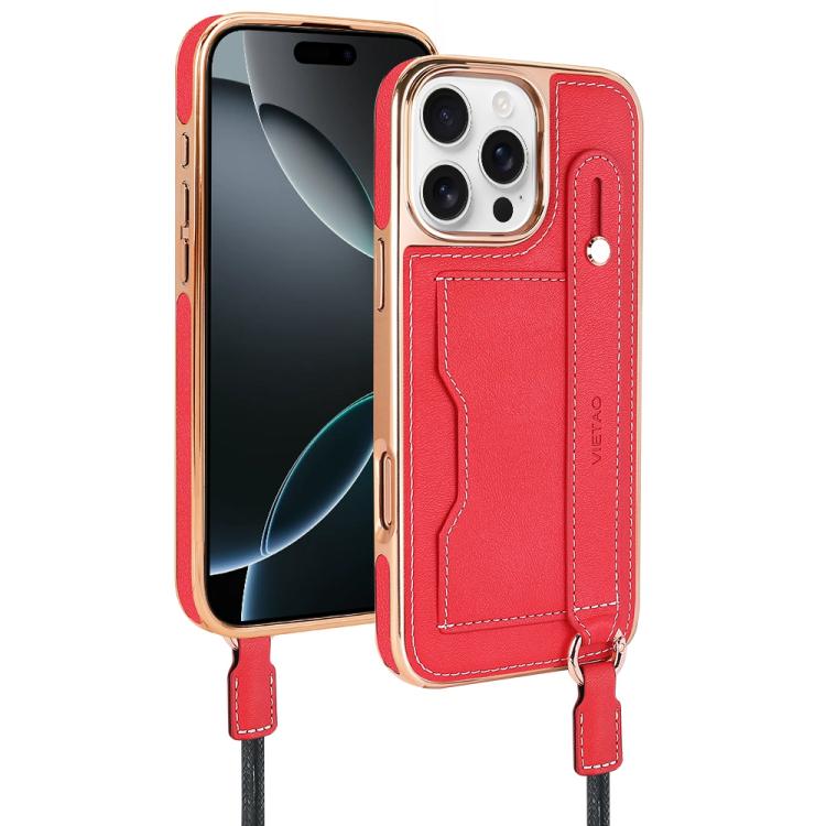 For iPhone 16 Pro VIETAO Card Slot Wristband Phone Case with Lanyard(Red) - iPhone 16 Pro Cases by VIETAO | Online Shopping UK | buy2fix