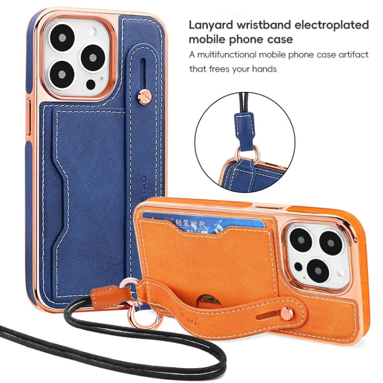 For iPhone 16 Plus VIETAO Card Slot Wristband Phone Case with Lanyard(Blue) - iPhone 16 Plus Cases by VIETAO | Online Shopping UK | buy2fix