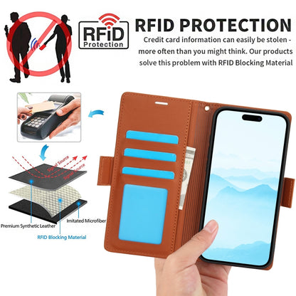 For iPhone 16 Plus Side Buckle RFID Anti-theft Leather Phone Case(Brown) - iPhone 16 Plus Cases by buy2fix | Online Shopping UK | buy2fix