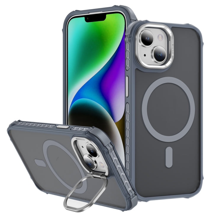 For iPhone 14 Plus Rainbow Series Skin Feel MagSafe Lens Holder Phone Case(Grey) - iPhone 14 Plus Cases by buy2fix | Online Shopping UK | buy2fix