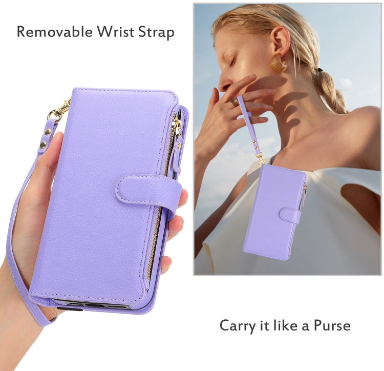 For iPhone 16 Pro Wristband Holder Zipper Purse RFID Leather Phone Case(Purple) - iPhone 16 Pro Cases by buy2fix | Online Shopping UK | buy2fix