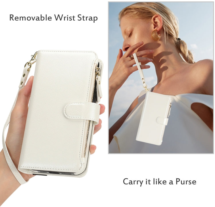 For iPhone 16 Pro Wristband Holder Zipper Purse RFID Leather Phone Case(White) - iPhone 16 Pro Cases by buy2fix | Online Shopping UK | buy2fix