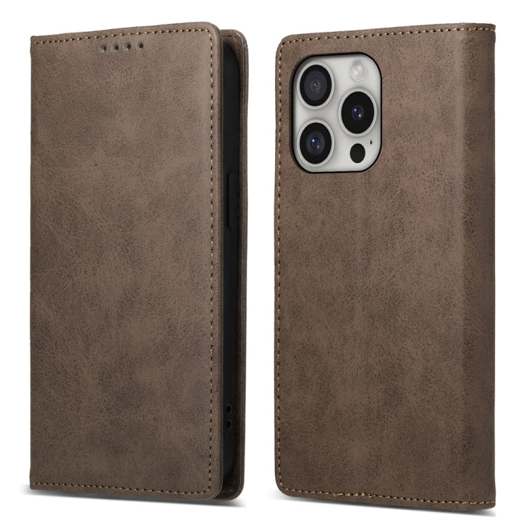 For iPhone 16 Pro Business Solid Color Magnetic RFID Leather Phone Case(Brown) - iPhone 16 Pro Cases by buy2fix | Online Shopping UK | buy2fix