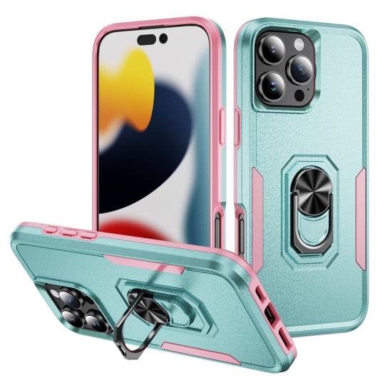 For iPhone 16 Pro Max Pioneer Armor Heavy Duty PC + TPU Phone Case with Holder(Green+Pink) - iPhone 16 Pro Max Cases by buy2fix | Online Shopping UK | buy2fix