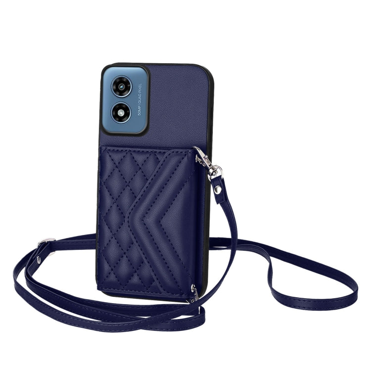 For Motorola Moto G Play 2024 5G Rhombic Texture Card Bag RFID Phone Case with Long Lanyard(Blue) - Motorola Cases by buy2fix | Online Shopping UK | buy2fix