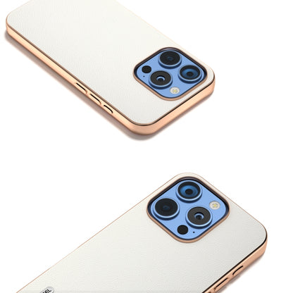 For iPhone 16 Pro Max ABEEL Electroplated Frame Genuine Leather Elegant Phone Case(White) - iPhone 16 Pro Max Cases by buy2fix | Online Shopping UK | buy2fix