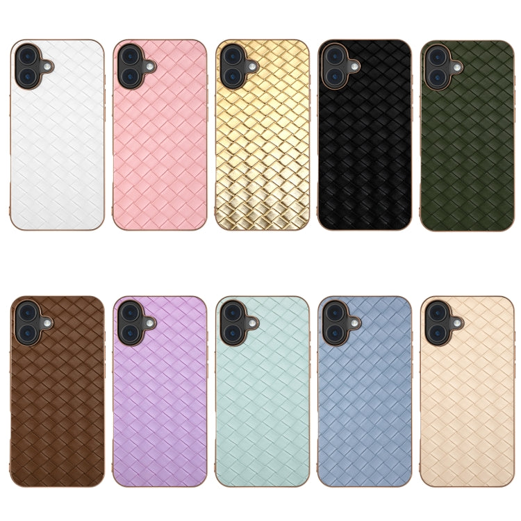 For iPhone 16 Plus Electroplated Frame Woven Texture PU Phone Case(Beige) - iPhone 16 Plus Cases by buy2fix | Online Shopping UK | buy2fix