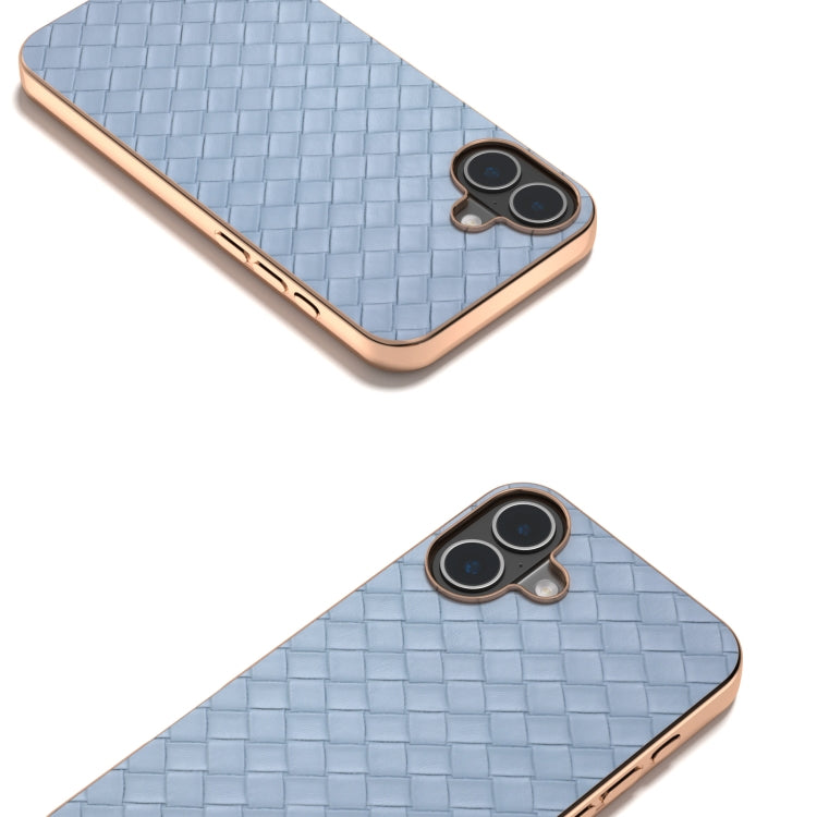 For iPhone 16 Electroplated Frame Woven Texture PU Phone Case(Light Blue) - iPhone 16 Cases by buy2fix | Online Shopping UK | buy2fix