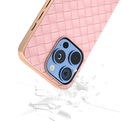 For iPhone 16 Pro Max Electroplated Frame Woven Texture PU Phone Case(Pink) - iPhone 16 Pro Max Cases by buy2fix | Online Shopping UK | buy2fix