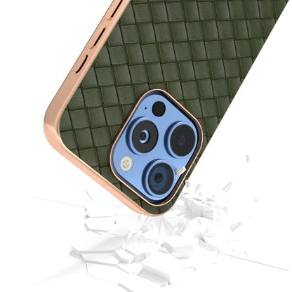 For iPhone 16 Pro Max Electroplated Frame Woven Texture PU Phone Case(Green) - iPhone 16 Pro Max Cases by buy2fix | Online Shopping UK | buy2fix