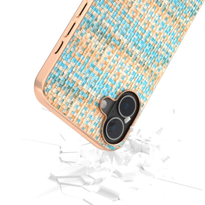 For iPhone 16 Electroplated Frame Color Lattice Texture PU Phone Case(Blue) - iPhone 16 Cases by buy2fix | Online Shopping UK | buy2fix